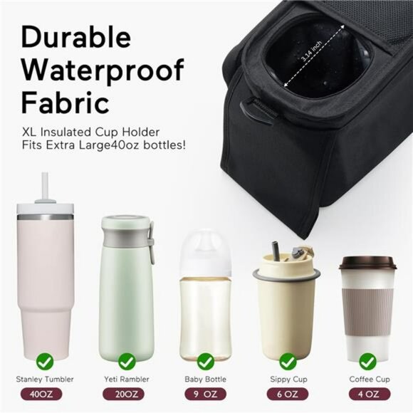 Universal Stroller Organizer Bag with Insulated Cup Holders Phone Pockets Straps - Picture 6 of 7